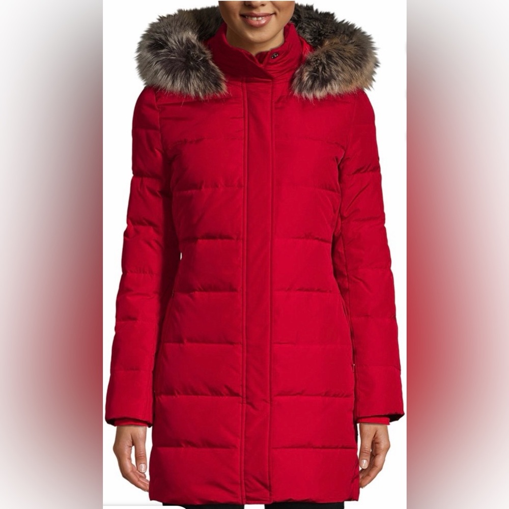 Lands' End Red Puffer Jacket with Faux Fur Hood